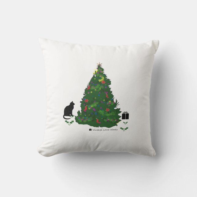 Cojín Decorativo Gato en el árbol de navidad (Anverso)