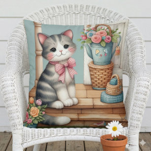 Cojín Decorativo Gato en el porche escena floral de patchwork