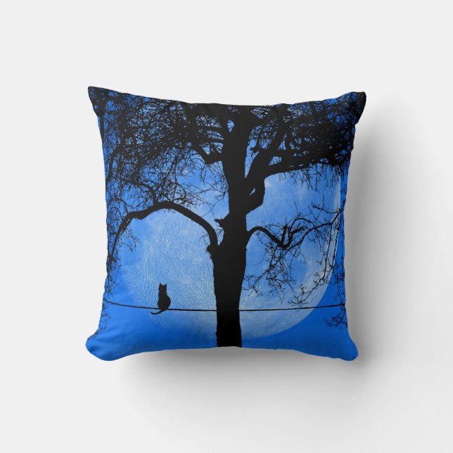 Cojín Decorativo Gato en un alambre azul luna llena (Anverso)