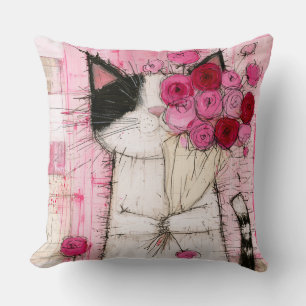 Cojín Decorativo Gato esmoquin sosteniendo ramo de rosas rosadas