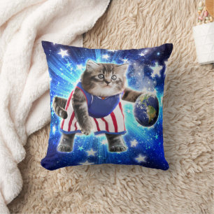 Cojín Decorativo Gato espacial jugando al baloncesto
