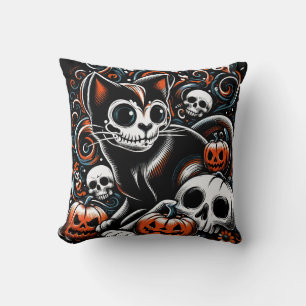 Cojín Decorativo Gato espeluznante con cráneos