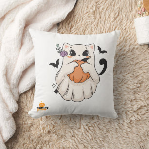 Cojín Decorativo Gato fantasma lindo con calabaza   Halloween fanta