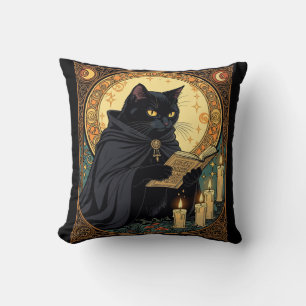 Cojín Decorativo Gato Felino de Color Negro de Halloween Leyendo Un
