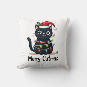 Cojín Decorativo Gato Feliz Navidad Luz de Navidad de Gato Negro Na