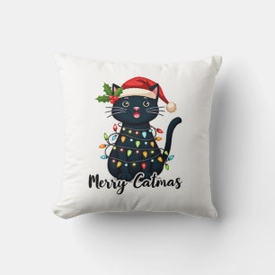 Cojín Decorativo Gato Feliz Navidad Luz de Navidad de Gato Negro Na