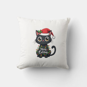 Cojín Decorativo Gato Feliz Navidad Luz de Navidad de Gato Negro Na