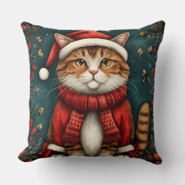 Cojín Decorativo Gato festivo que lleva sombrero y bufanda de Santa