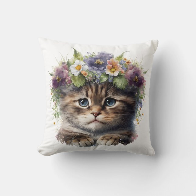 Cojín Decorativo Gato floral cutáneo acuarela (Anverso)