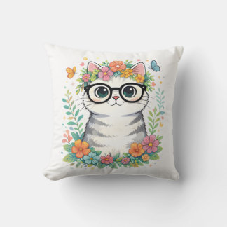 Cojín Decorativo Gato Floral Lindo con Gafas