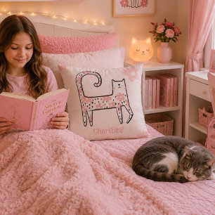 Cojín Decorativo Gato floral rosa divertido y caprichoso llamado Pi