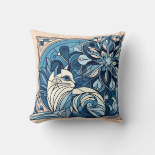 Cojín Decorativo Gato geométrico azul art déco.