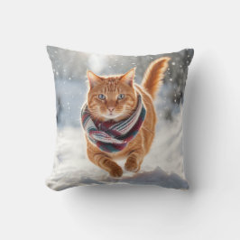 Cojín Decorativo Gato Ginger corriendo en copos de nieve
