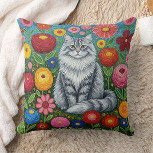 Cojín Decorativo Gato Gris Atigrado Esponjoso con Flores de Arte Po