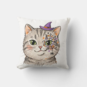 Cojín Decorativo Gato Gris Tabby Lindo de Halloween Pintura de Cara