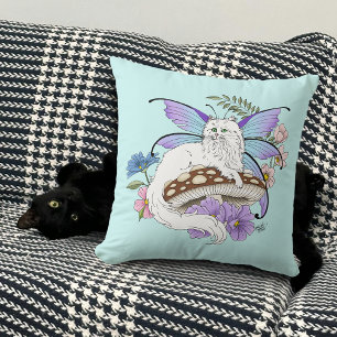 Cojín Decorativo Gato Hada Caprichoso Blanco Hongo Azul Fantasía
