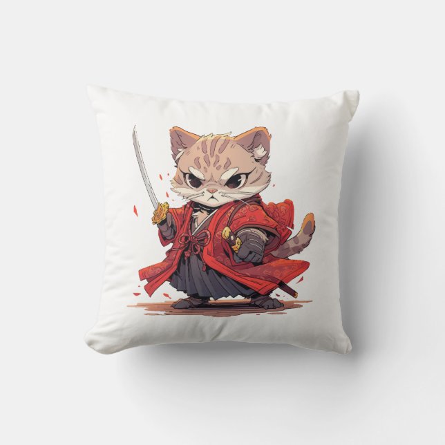 Cojín Decorativo Gato Héroe estilo Samurái Enojado (Anverso)