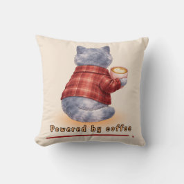 Cojín Decorativo Gato "Impulsado por Café" Sosteniendo una Taza de 