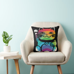Cojín Decorativo Gato japonés de buena suerte con arcoiris