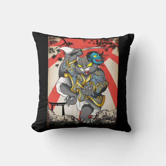 Cojín Decorativo Gato japonés samurái espadachín Ninja Kitten (Anverso)