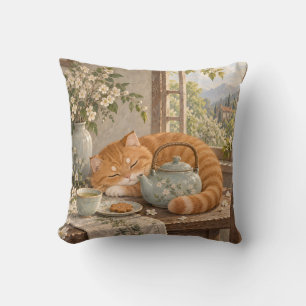 Cojín Decorativo Gato Jengibre Tetera Floral Ventana Soleada Cabaña
