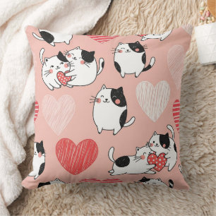 Cojín Decorativo Gato Kawaii y Patrón de San Valentín de Corazones