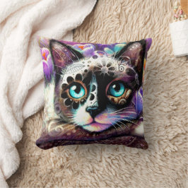 Cojín Decorativo Gato kitano siamés crocus floral morado blanco Ver