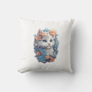 Cojín Decorativo Gato Kitty Floral Blanco Lindo