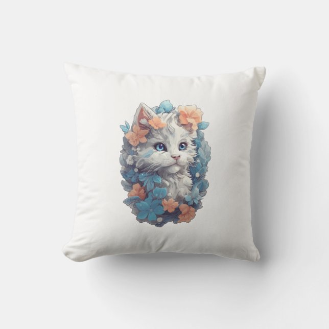 Cojín Decorativo Gato Kitty Floral Blanco Lindo (Anverso)
