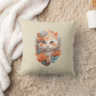 Cojín Decorativo Gato Kitty Floral Naranja Bonito