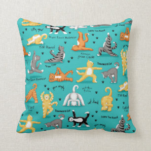Cojín Decorativo Gato Kitty Yoga Poses Turquoise Blue Yellow Whimsy
