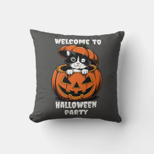 Cojín Decorativo Gato Lindo Calabaza Naranja Bienvenido a la Fiesta