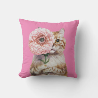 Cojín Decorativo Gato lindo con flor grande| Gato de jengibre adora