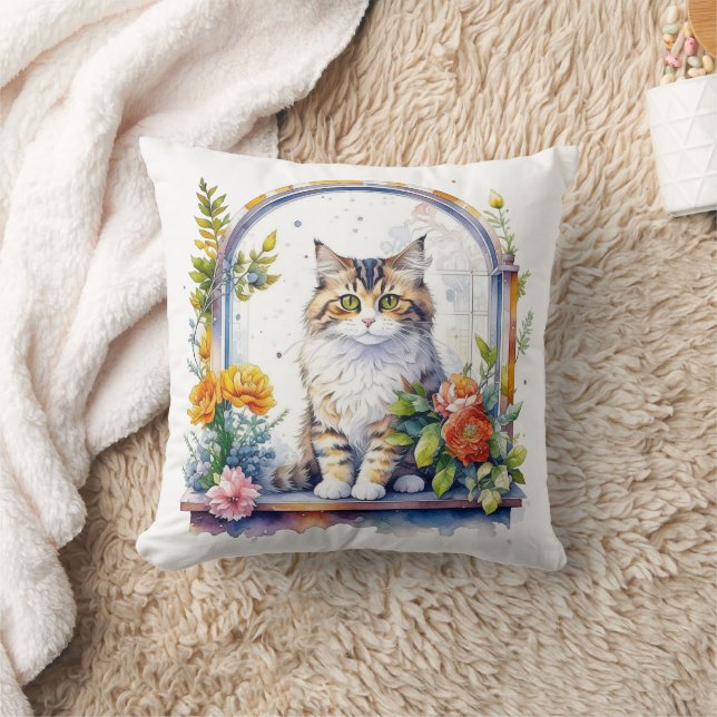 Cojín Decorativo Gato lindo en la ventana de flores personalizado (Manta)
