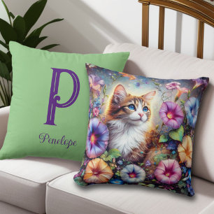 Cojín Decorativo Gato Lindo Jardín Floral Monograma Personalizado