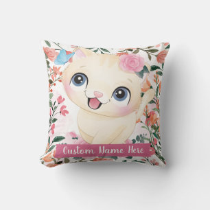 Cojín Decorativo Gato Lindo Rosas Rosadas Flores de Rubor Nombre Pe
