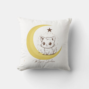Cojín Decorativo Gato Mágico Adorable en Sueños Estrellados de Luna