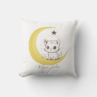Cojín Decorativo Gato Mágico Adorable en Sueños Estrellados de Luna