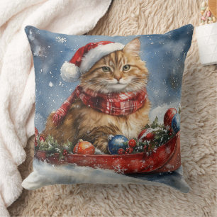 Cojín Decorativo Gato Maine Coon en Trineo Deja que Nieve Navidad
