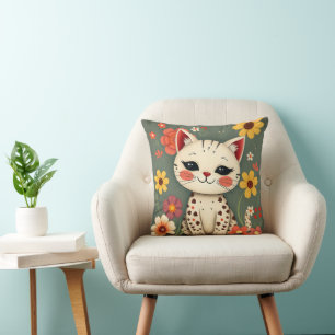 Cojín Decorativo Gato manchado feliz con flores