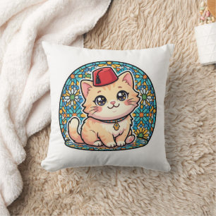 Cojín Decorativo Gato marroquí Kawaii adorable con sombrero Fez Tar