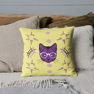 Cojín Decorativo Gato Mascota Moderno Amarillo Blanco Negro Purpura