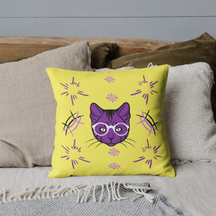 Cojín Decorativo Gato Mascota Morado Blanco Negro Amarillo Patrón P