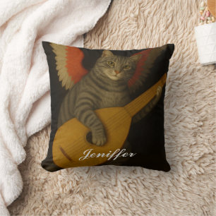 Cojín Decorativo Gato músico alado tocando el laúd Arte