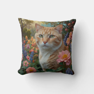 Cojín Decorativo Gato naranja blanco bonito en jardín floral
