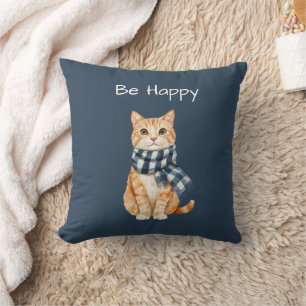 Cojín Decorativo Gato Naranja Bufanda Azul Blanca Sé Feliz
