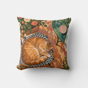 Cojín Decorativo Gato Naranja Durmiendo Silla Bistro Azul Rosas