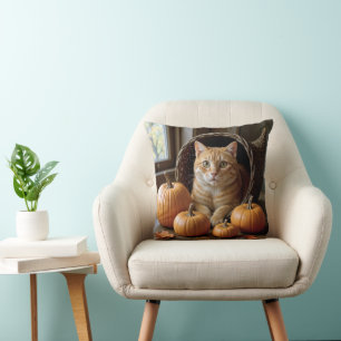 Cojín Decorativo Gato Naranja en una Cornucopia de Acción de Gracia