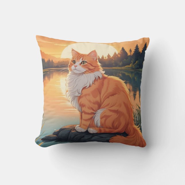 Cojín Decorativo Gato naranja por lago (Anverso)