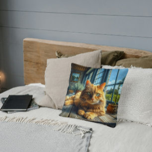 Cojín Decorativo Gato Naranja Recostado en una Mesa Junto a una Ven